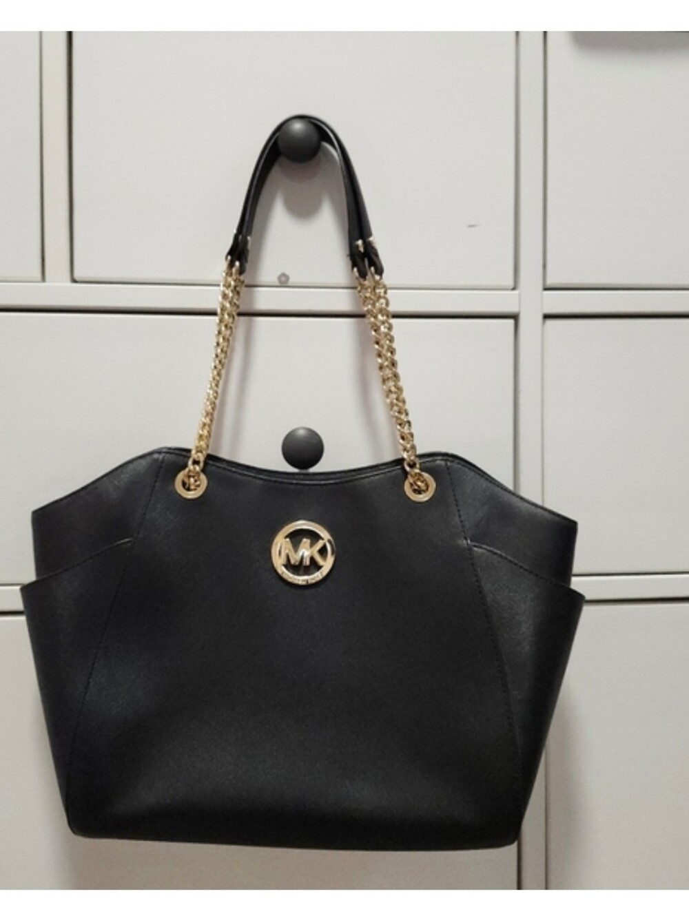 Michael Kors Jet Set Saffiano leather Shoulder Tote Bag Black golden chain Lg - Picture 11 of 16